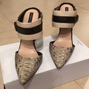 Brown and tan snake embossed mules